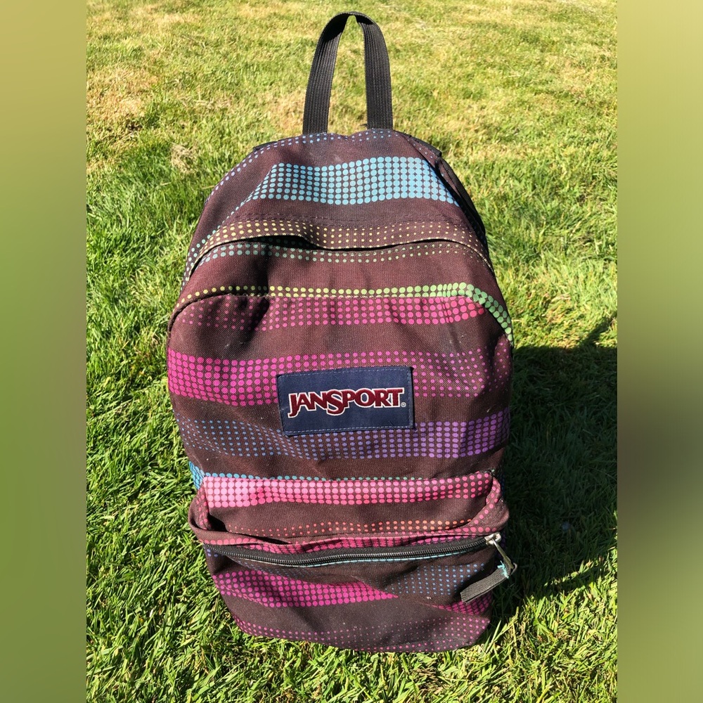 Jansport Brown Backpack with Multicolor Dot Stripes Large Student Bacpack